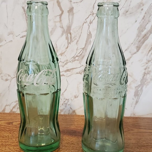 Pair Vintage Green Hobbleskirt Coca Cola Glass Bottles Thick-Good Cond/Very Rare - Picture 1 of 9